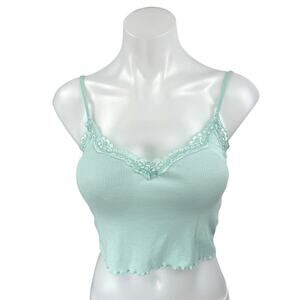 PacSun LA Hearts Blue Floral Lace Lettuce Rib Knit Cami Camisole Crop Tank Top M
